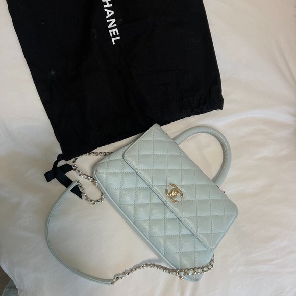 CHANEL Caviar Quilted Small Coco Handle Flap Light Blue 900095